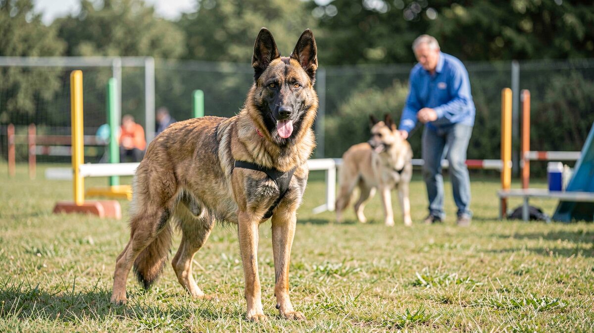En tysk kennel med tjänstehundar, en belgisk vallhund av malinoistyp står i en träningsplan med fokus framåt, dagsljus, medelbred bild där hunden och föraren syns i bakgrunden.