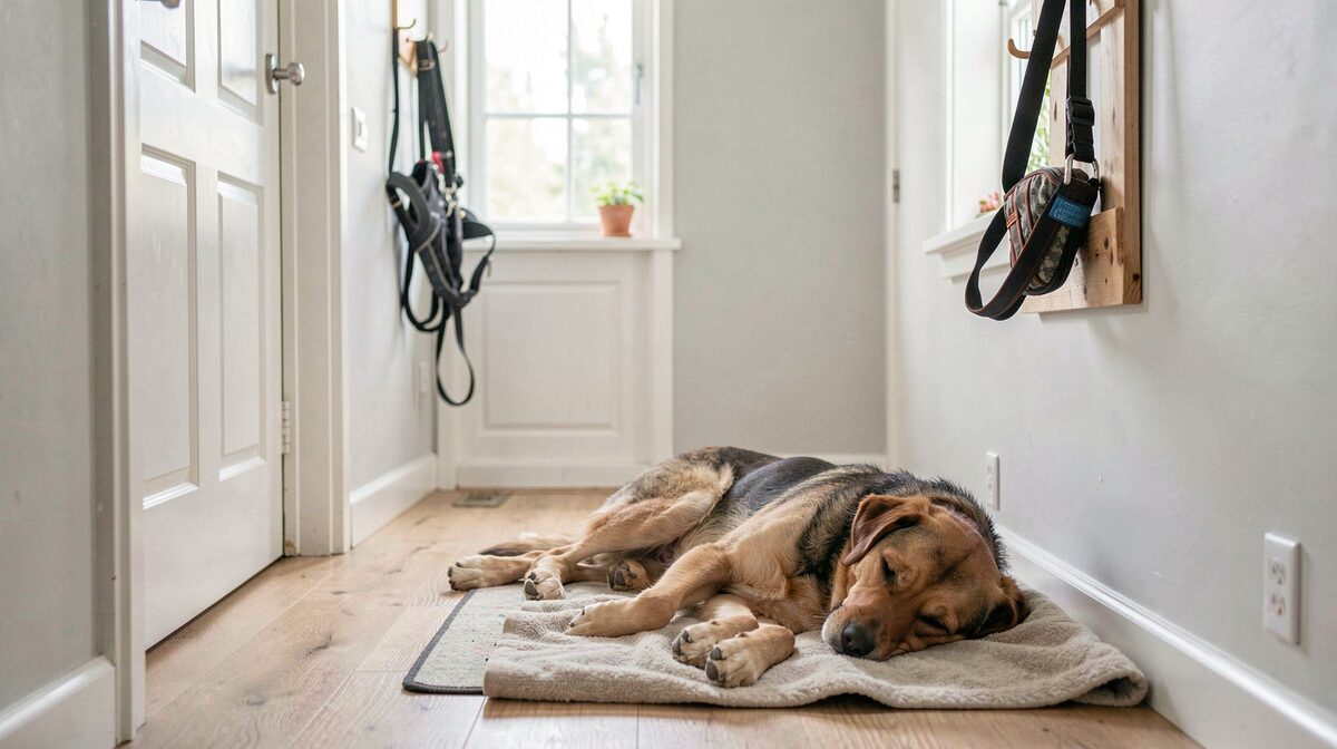 En ljus hall i ett svenskt hem, en vuxen hund ligger på en filt vid en ytterdörr, koppel och sele hänger på en krok intill, dagsljus in genom sidofönstret, fotograferat i ögonhöjd några meter bort.